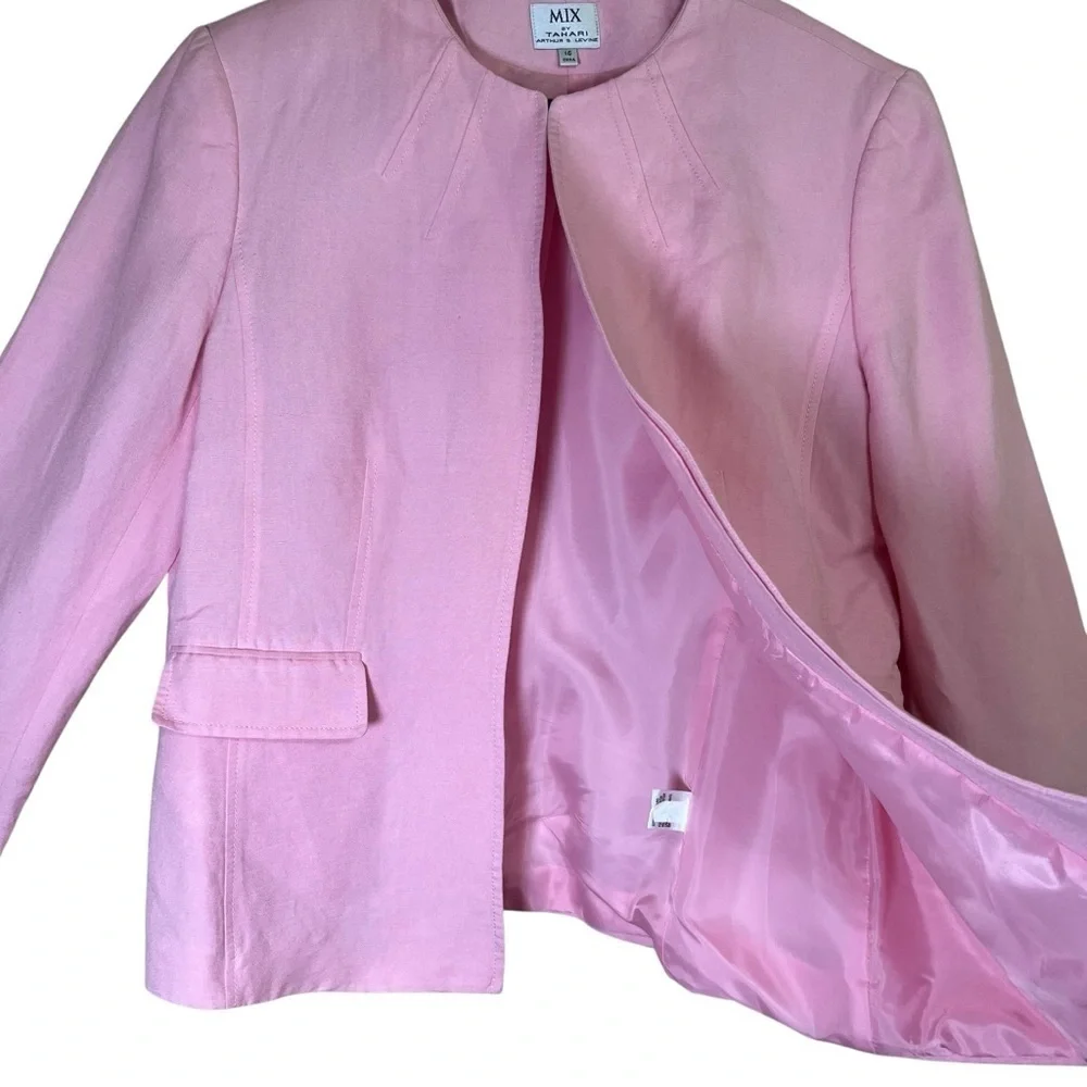 Tahari Arthur S Levine MIX Womens 2-pc Linen Blend Pink Suit Jacket Skirt Sz 16